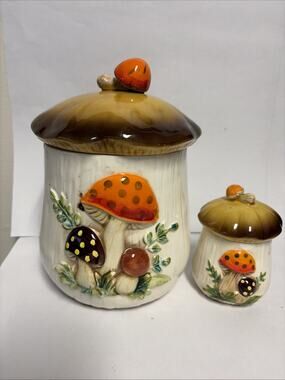 Vintage Sears Merry Mushrooms 2 Canister Set With Lids No Chips Needs Cleaning